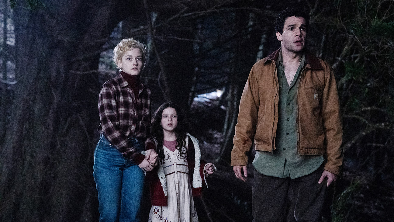 (from left) Charlotte (Julia Garner), Ginger (Matilda Firth) and Blake (Christopher Abbott) in Wolf Man, directed by Leigh Whannell.
