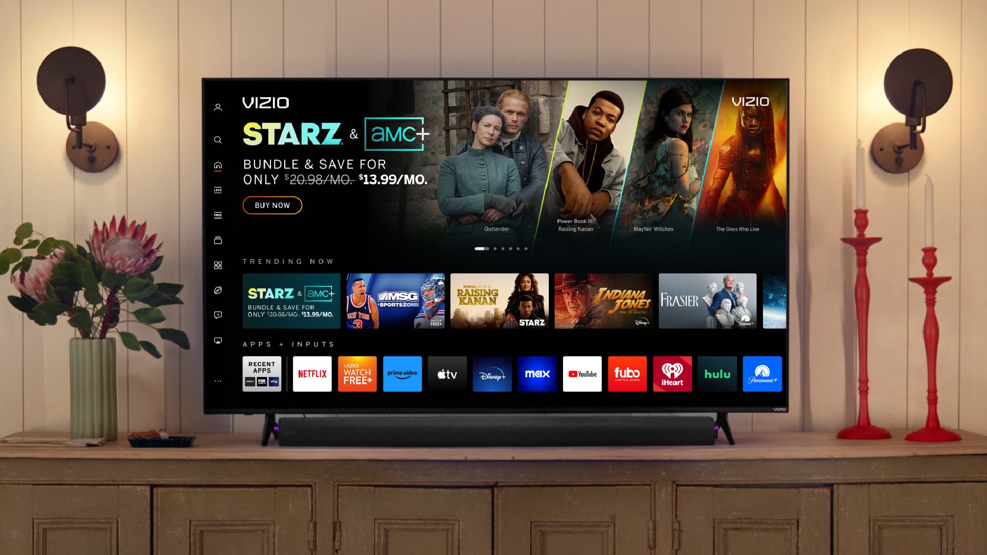 A Vizio homescreen showing Starz and AMC+.