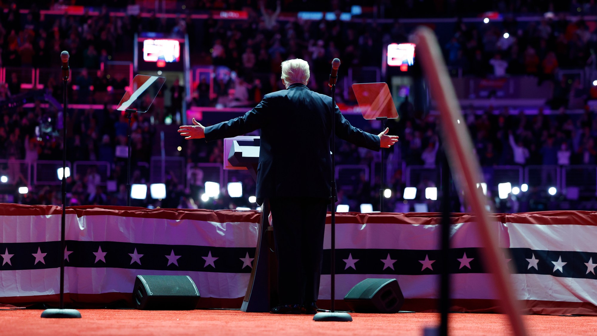 Donald Trump speaks at his victory rally at the Capital One Arena on January 19, 2025 in Washington, DC.
