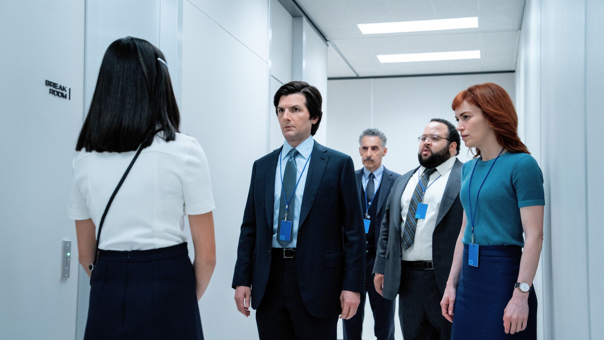 Sarah Bock, Adam Scott, John Turturro, Zach Cherry and Britt Lower in the 'Severance' season two premiere.