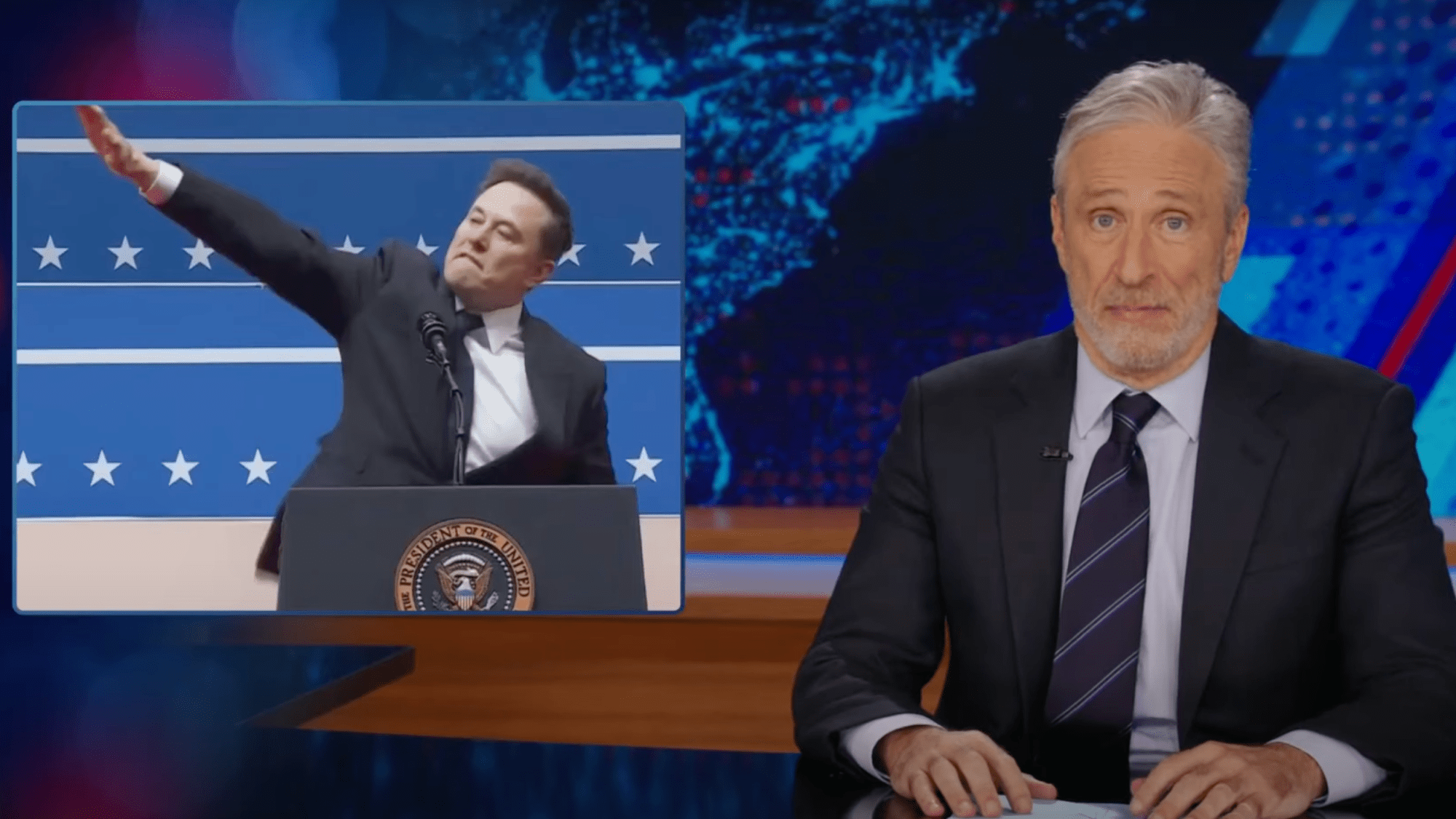 Jon Stewart gave his take on the "historic vibe shift" of Donald Trump's second inauguration Monday night.
